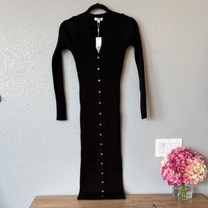 Long Stretch Rib-knit Black Long Sleeve Maxi Dress